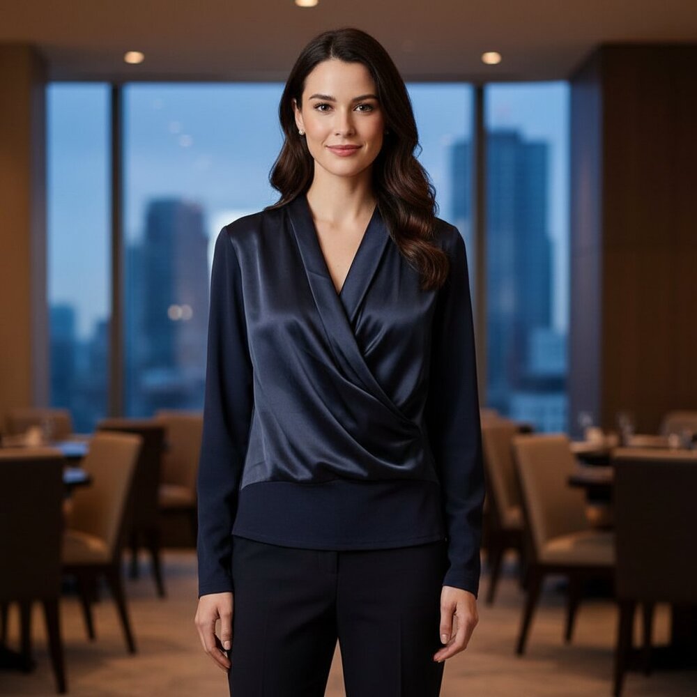 Gianetta Navy Blue Draped Front Long Sleeve Blouse | Size M